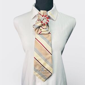 Striped Beige, Gray, and Burgundy Necktie with Red Brooch